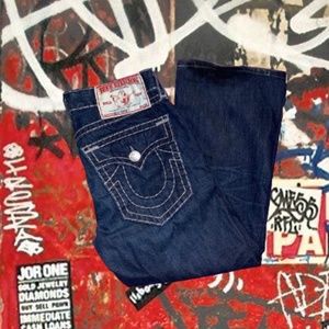 TRUE RELIGION MENS JEANS STRAIGHT FIT DARK WASH WHITE STITCH Y2K STREETWEAR